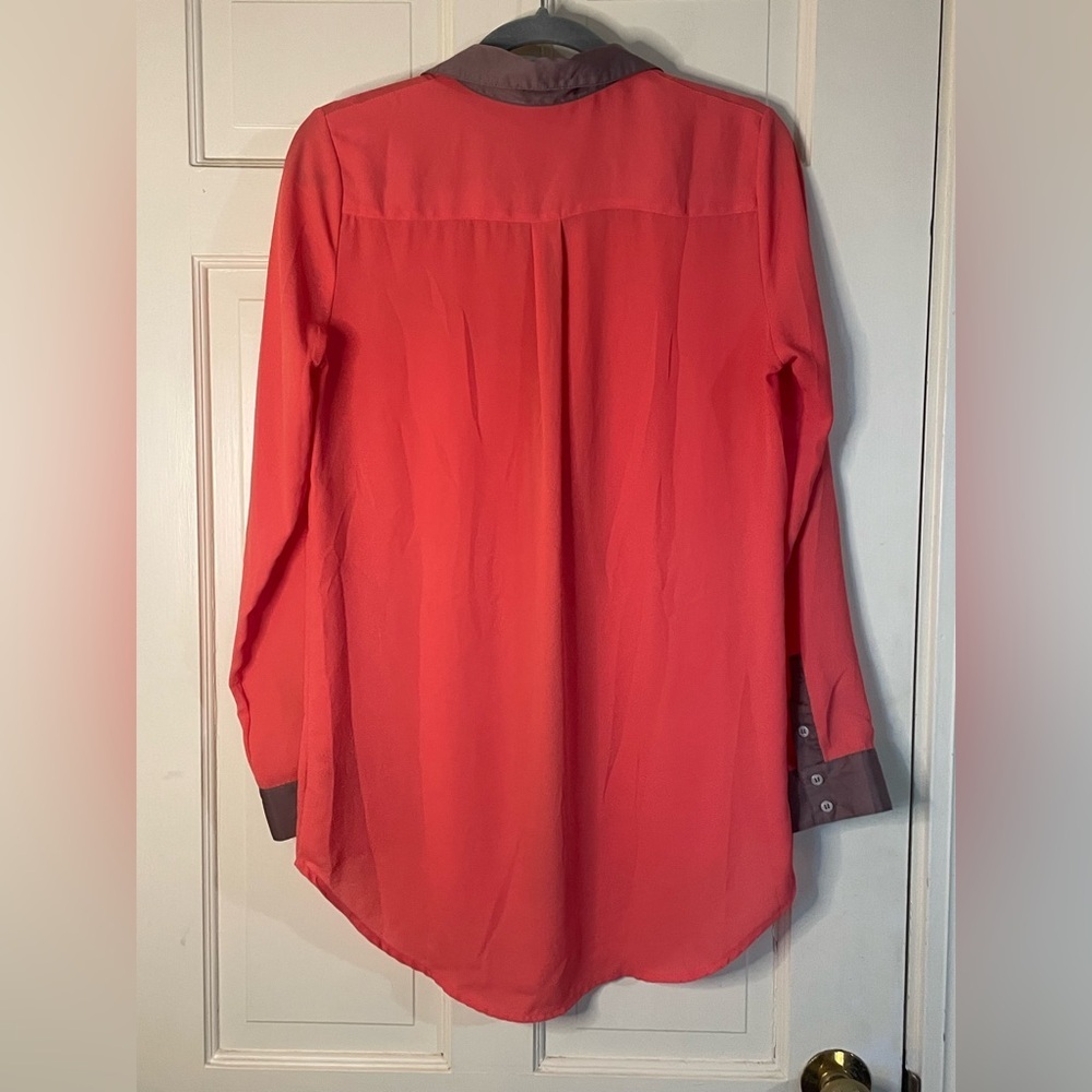 Free People Coral Silky Button Up Long Sleeve Shirt Brown Trim Oversized Small - Picture 5 of 7